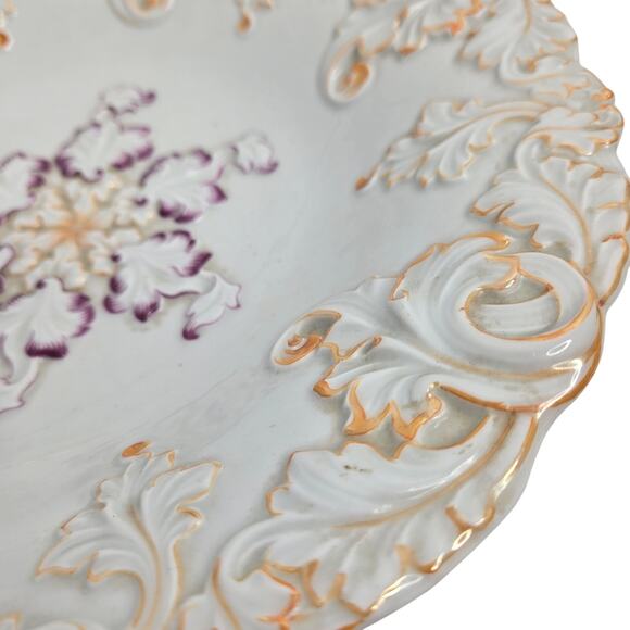 Vintage Meissen Porcelain Bowl Rococco Leaf Purple Gold Relief Luster Floral - Picture 3 of 11